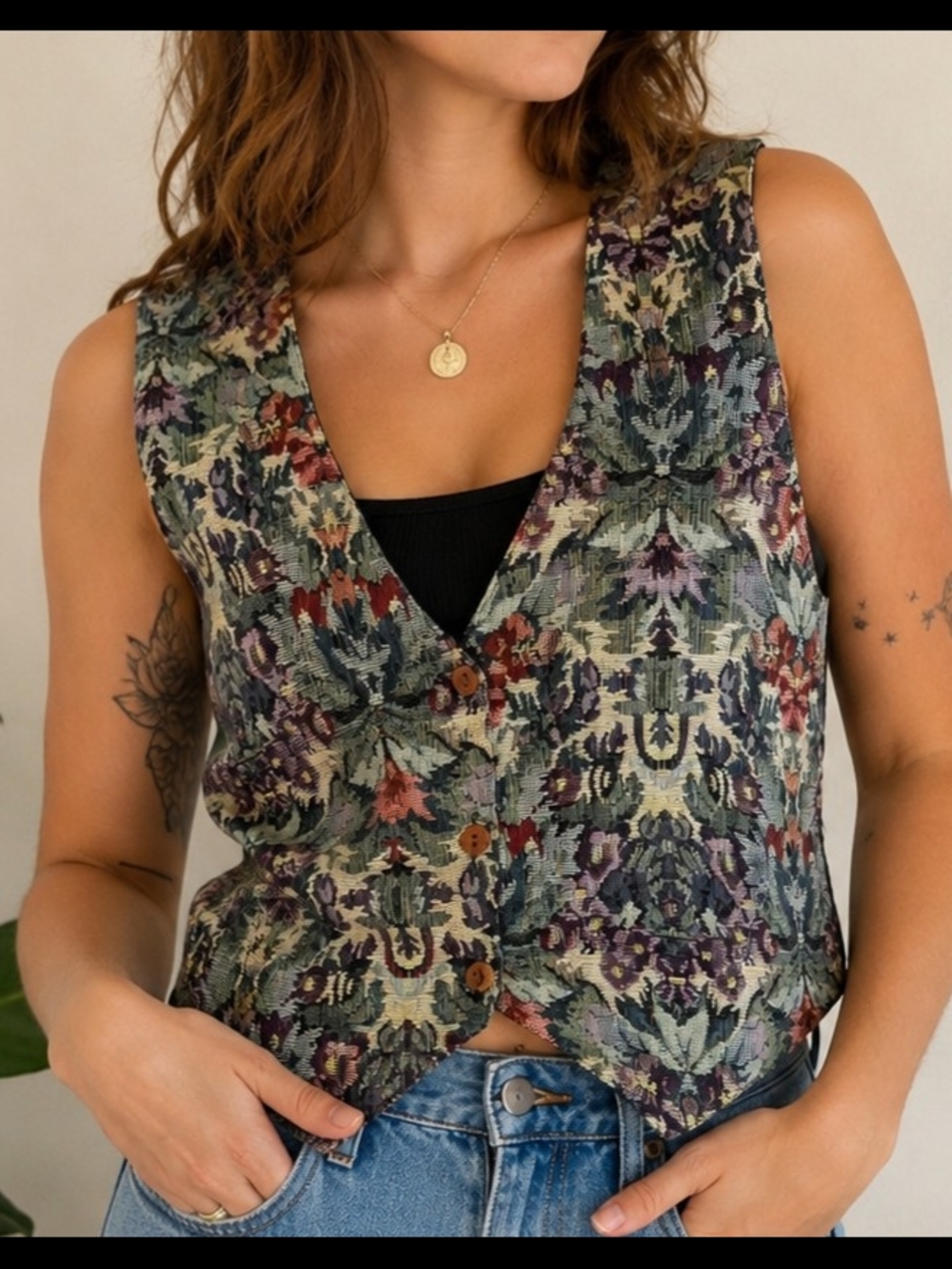 Vintage Agapo Collection Tapestry Vest Medium Floral Boho Cottagecore Button Fro